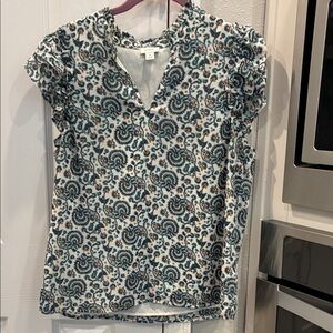 Women's Blue Floral Print V-Neck Ruffle Sleeve Top